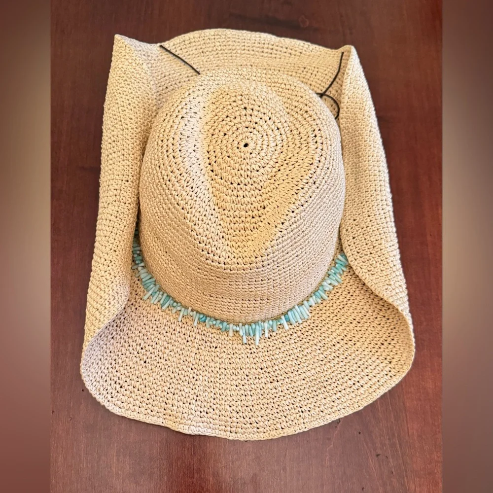 Hat Attack Straw Floppy Sun Hat with Light Blue Bead Trim